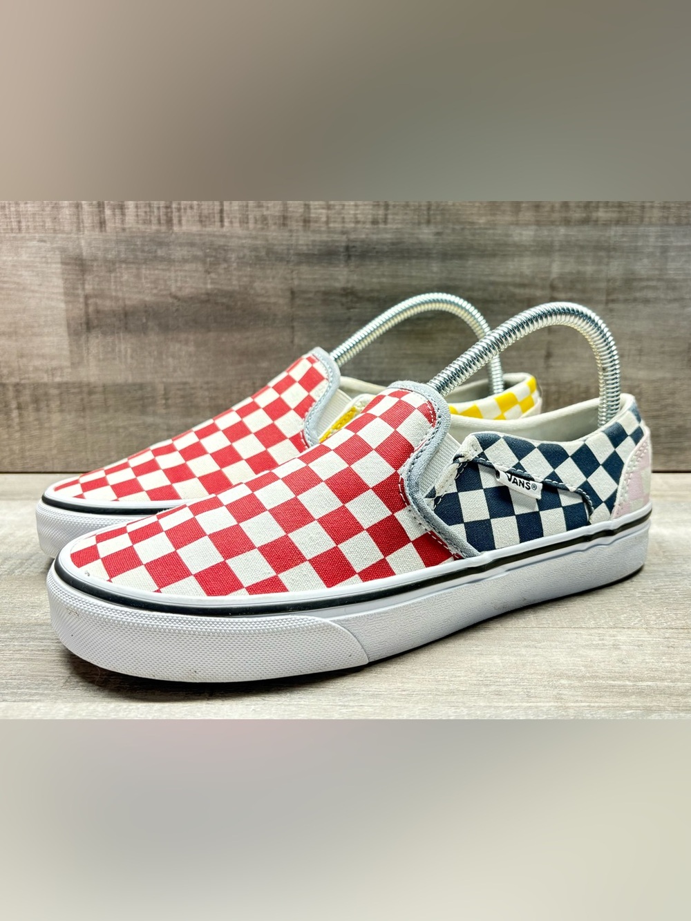 Vans Asher Checkerboard Slip-On Sneakers - Red, Navy & Yellow Size 8
